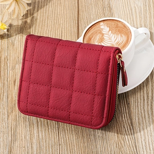 Mini Portefeuille Matelassé Femme en Cuir PU Avec Fermeture Éclair Petit Porte-Cartes Pochette Treillis pour Cadeau Femme