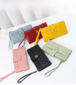Colorful fashion quilted long wallets with wrist straps and elegant gold ring buckles