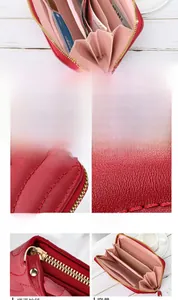 Detail view of red leather long wallet interior with multi-card slots and gold zipper