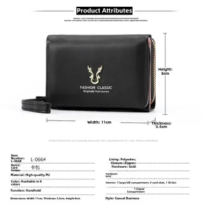Detailed view of black PU leather wallet showing 11x8x3.5cm size and deer head logo