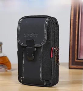 Detailed view of heavy-duty oxford cloth phone pouch with multi-layer zipper storage