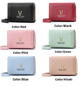 Short PU leather wallets for women in six colors featuring gold deer head ornaments