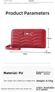 Detailed view of red long wallet dimensions 19cm x 10cm x 2.5cm with gold bow