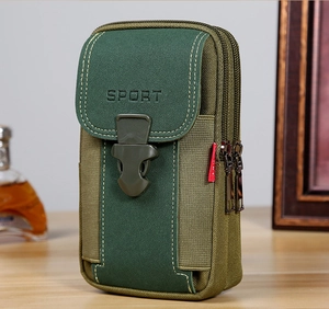 Detail view of olive green canvas tactical phone pouch with two zippers and buckle