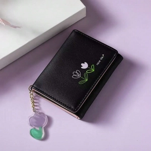 Cute black PU leather tri-fold short wallet with tulip pattern and acrylic pendant