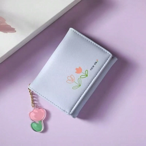 Cute cartoon floral tri-fold PU leather short wallet with a flower charm on purple background