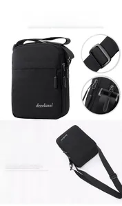 Detail of durable black canvas crossbody bag showing texture, adjustable strap and zippers