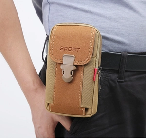 Macro detail of khaki oxford phone pouch with durable plastic buckle and Sport logo