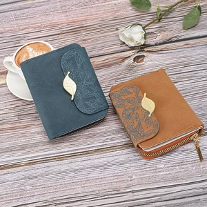 Women short wallet with leaf metal buckle and pattern on blue and brown leather