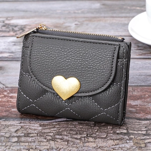 Deep grey heart quilted leather wallet for women with golden heart metal accent