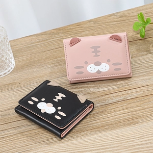 Joli portefeuille court à trois volets en similicuir avec oreilles de chat rose et noir