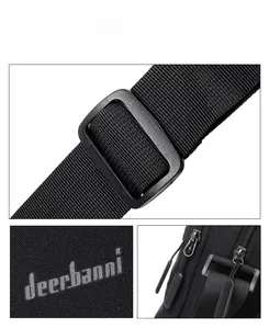 Detail view of durable black crossbody bag featuring adjustable strap and metallic zippers