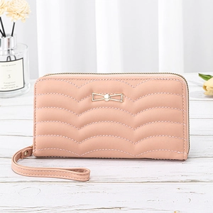 Women Long Fashion Wallet Quilted PU Leather Large Capacity Purse Clutch With Golden Bow Decor And Wristlet Strap