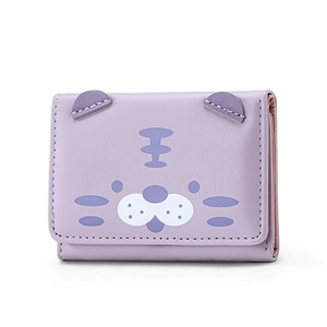 Petit portefeuille mignon violet clair à motif chat ou tigre, design triptyque pour femme