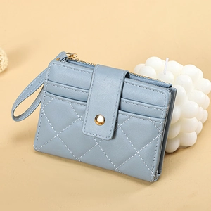 Women Short Quilted Wallet PU Leather Rhombic Pattern Purse Multi Card Slots Zipper Coin Pocket With Wristlet Strap