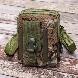 Detail of durable camo tactical waist bag showing dual zippers and buckle on wood background