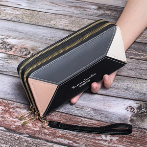 Women Geometric Color Block PU Leather Long Wallet Double Zipper Clutch Bag Large Capacity Wristlet Card Holder Purse