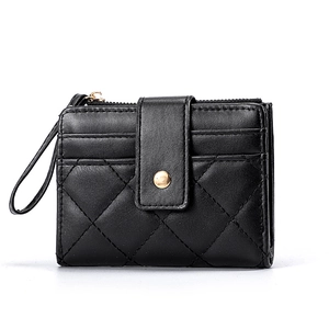 Elegant black quilted PU leather wallet for women with gold hardware and hand strap