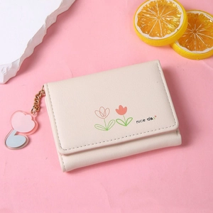 Women Cute Floral Tri-fold Wallet With Tulip Pendant Nice Day Letter Print PU Leather Short Purse For Students Daily Use