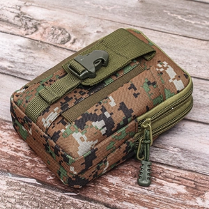 Detail of digital camouflage tactical waist bag showing dual zippers and buckle closure