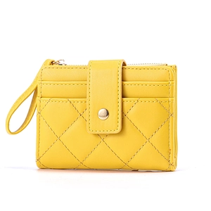 Bright yellow quilted short wallet with zipper card slots and wristlet strap