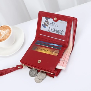 Red multi-functional PU leather foldable short wallet with card slots and wrist strap