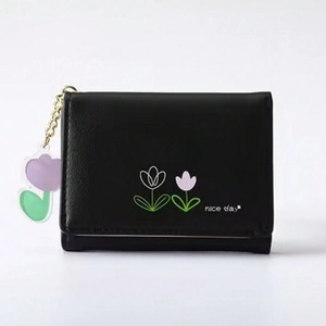 Black short folding PU leather wallet with tulip print and violet flower pendant
