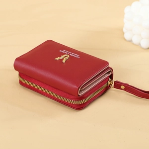 Red PU leather trifold wallet with gold metal logo and convenient wrist strap