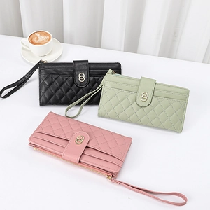 Quilted diamond pattern long wallets for women in black, green, and pink with gold buckles