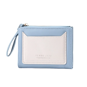 Women's small blue zip-around wallet with white cat ear card slots and wrist strap