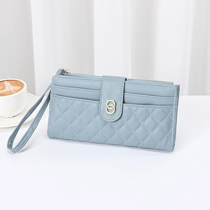 Light blue quilted leather long wallet with gold double ring buckle and wrist strap