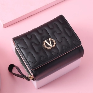 Women Quilted PU Leather Short Wallet With Wristlet Gold V Logo Zip Coin Purse Tri-fold Fashion Mini Clutch Handy Bag