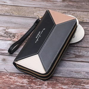 Dual-zipper large capacity color-block wallet for women with wrist strap and geometric pattern