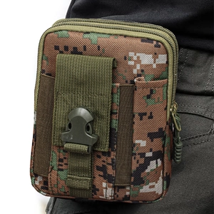 Detailed view of digital camouflage tactical waist bag worn on a belt for outdoor storage