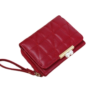 Quilted dark red short wallet with pearl closure and convenient wrist strap for women