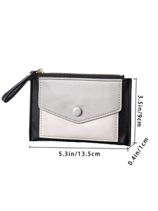 Detailed view of tricolor slim leather wallet with golden zipper and dimensions scale