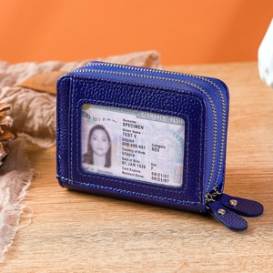 Blue lychee leather wallet with double zippers, RFID blocking, and clear ID window