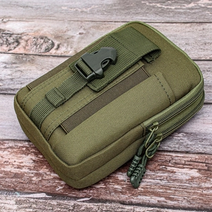 Detail view of army green tactical belt pouch with MOLLE straps and sturdy buckle