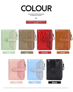 Detailed display of seven colored small wallets with stone texture and zipper