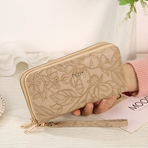 Elegant khaki PU leather wallet for women with floral embossing and dual zippers