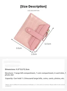 Detailed size chart of women's short stone pattern wallet showing 12.5x9.5x2.5 cm dimensions