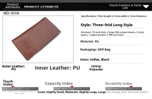Detailed size and structure chart of a men's long tri-fold wallet with 14 card slots