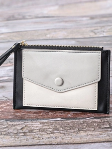 Slim tri-color leather wallet with zipper pocket and envelope snap button closure