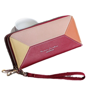 Women's dual-zipper long wallet with multi-color patchwork and red wrist strap