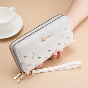 Portefeuille Long en Cuir PU pour Femme avec Double Fermeture Éclair Dragonne Matelassé Imprimé Floral Gaufré Grande Capacité Pochette