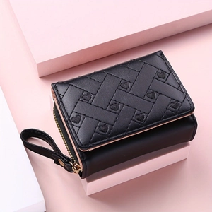 Damen Kurze Brieftasche PU Leder Herz Bestickt Gesteppt Zweifach Reißverschluss Münzfach Kartenhalter Mode Handtasche