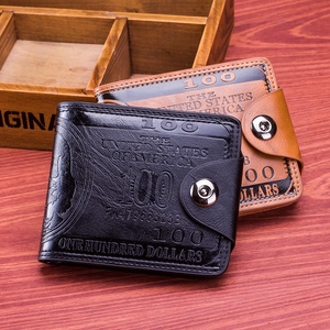 Detail of bifold men's wallet with embossed 100 dollar pattern and snap button closure