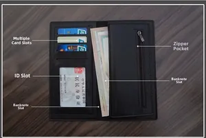 Internal view of the men's long wallet showing card slots, zipper pocket, and dual compartments