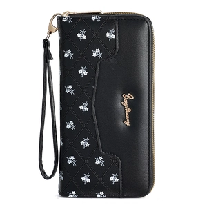 Grand portefeuille noir pour femme avec motif floral gaufré et dragonne amovible