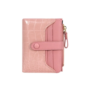 Pink stone pattern short wallet for women featuring multi-card slots and secure gold zipper